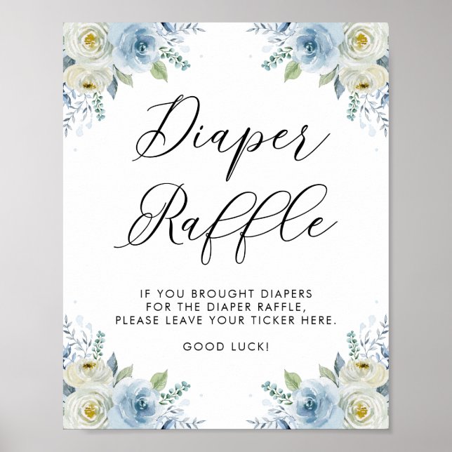 Blue and White Watercolor Flowers Diaper Raffle Poster (Front)