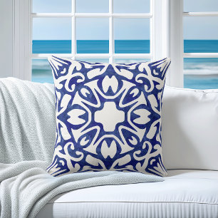 Blue and White Watercolor Fretwork Pattern Throw Pillow