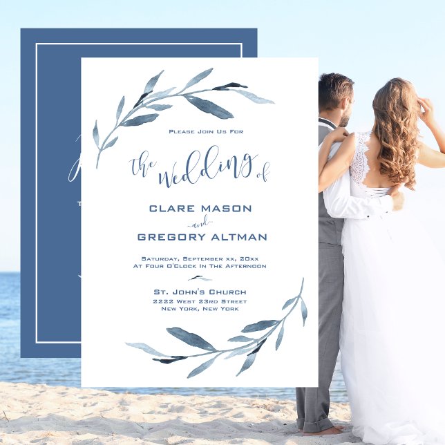 Blue and White Watercolor Leaves Wedding  Invitation (Creator Uploaded)