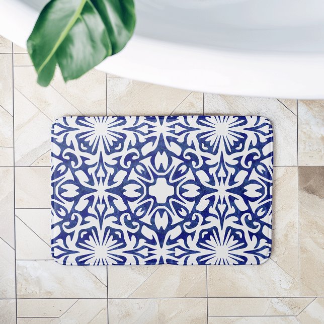 Blue and White Watercolor Spanish Tile Pattern Bath Mat (Creator Uploaded)