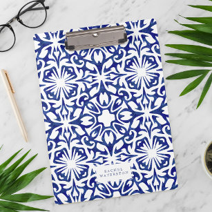 Blue and White Watercolor Spanish Tile Pattern Clipboard