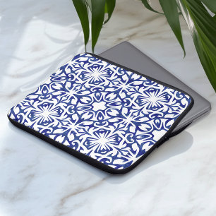 Blue and White Watercolor Spanish Tile Pattern Laptop Sleeve