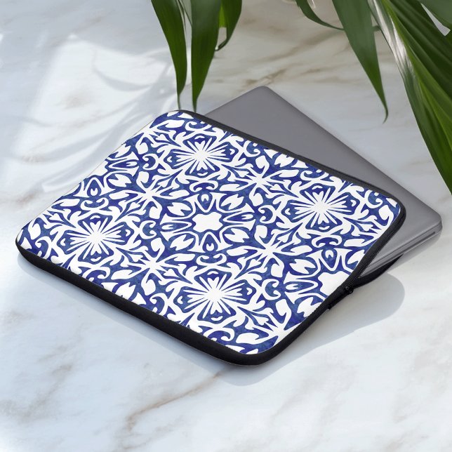 Blue and White Watercolor Spanish Tile Pattern Laptop Sleeve (Creator Uploaded)
