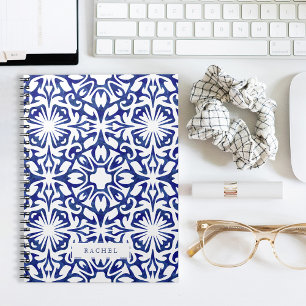Blue and White Watercolor Spanish Tile Pattern Notebook