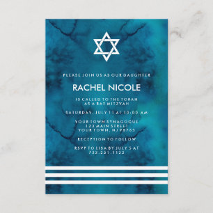 Blue and White Watercolor Stripes Bat Mitzvah Invitation