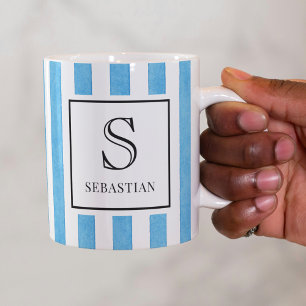 Blue and White Watercolor Stripes Pattern Monogram Coffee Mug