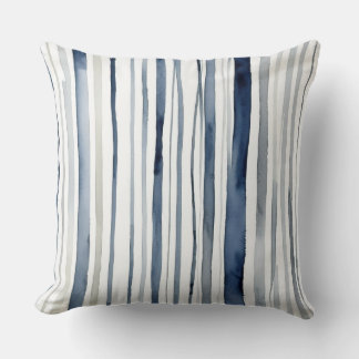 Blue and white watercolor stripes throw pillow