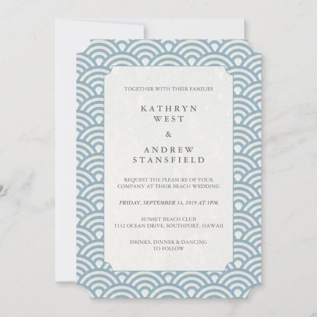 Blue and White Wave Pattern Wedding Invitation (Front)