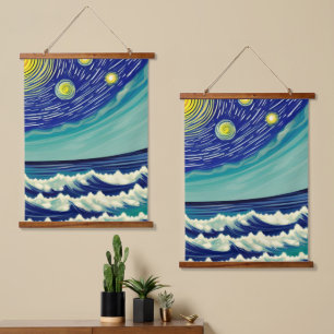 Blue and White Waves Lunar Stars Hanging Tapestry