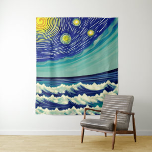 Blue and White Waves Lunar Stars Tapestry