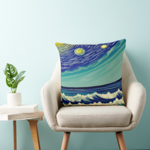 Blue and White Waves Lunar Stars Throw Pillow