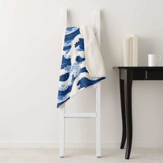 Blue and white Waves Nautical pattern Sherpa Blanket (In Situ)