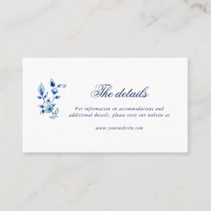 Blue and white wedding details card