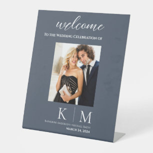 Blue and White-Wedding Photo Welcome Sign- Pedestal Sign