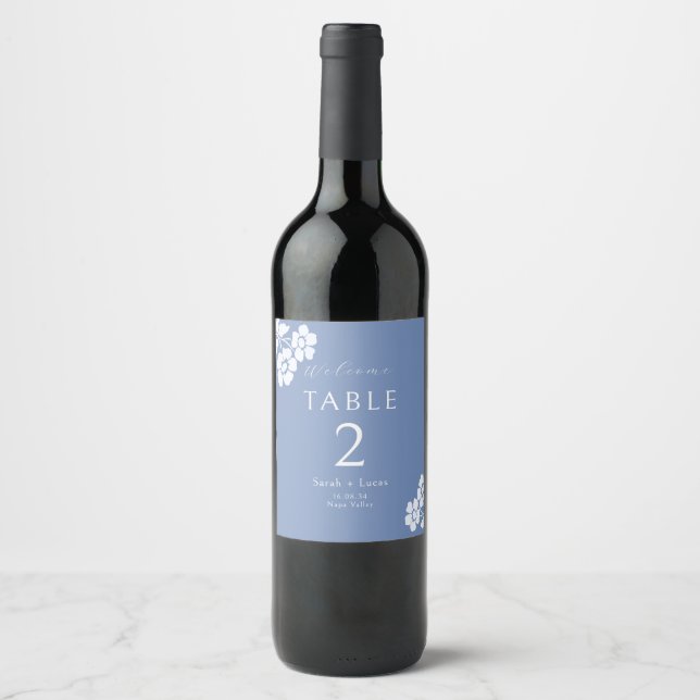 Blue and White Wedding Welcome Table Number Wine Label (Front)