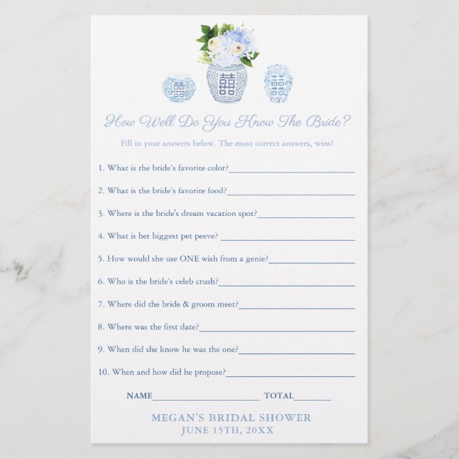 Blue And White Who Knows Bride The Best Game Card (Front)
