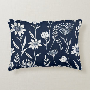 blue and white wildflowers - Block print-style Accent Pillow