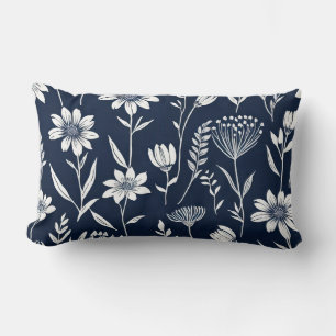 blue and white wildflowers - Block print-style Lumbar Pillow