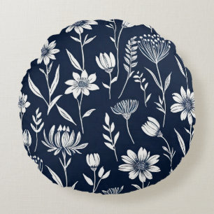 blue and white wildflowers - Block print-style Round Pillow