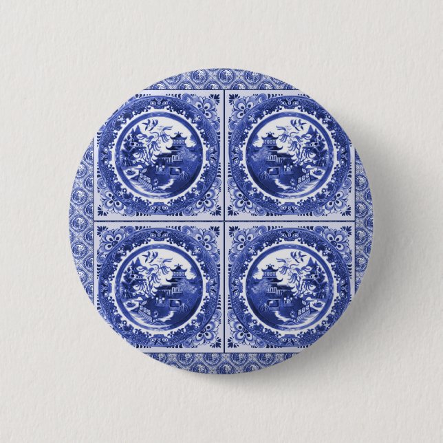 Blue and white, willow pattern design 2 inch round button (Front)
