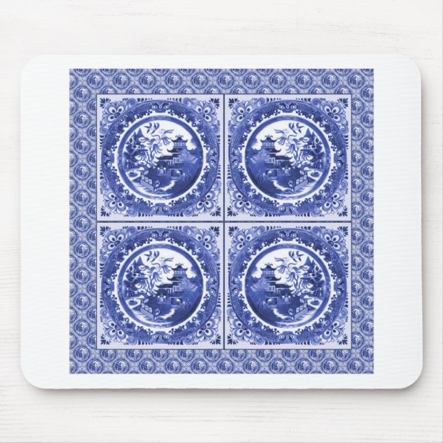 Blue and white, willow pattern design mouse pad (Front)