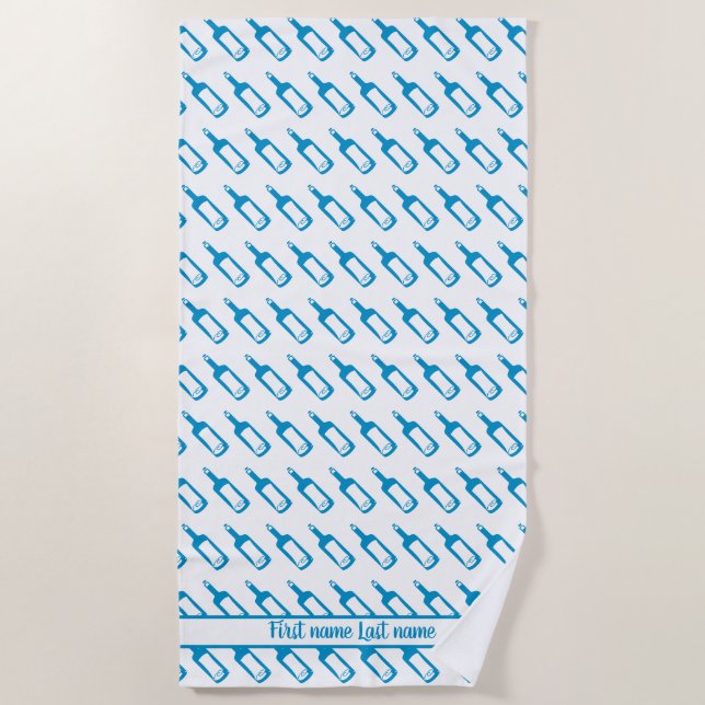 Blue and white wine bottle pattern with your name beach towel (Front)