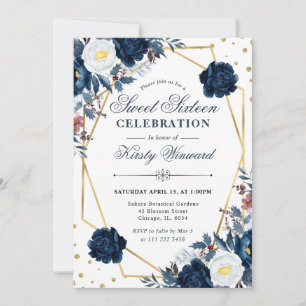 Blue and White Winter Flowers and Frame Sweet 16 Invitation