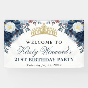 Blue and White Winter Flowers Birthday Banner