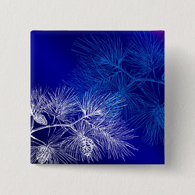 Blue and White Winter Pine 2 Inch Square Button (Front)