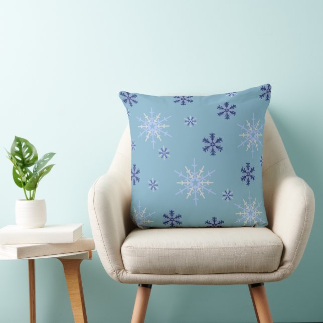 Blue and White Winter Snowflake Pattern Throw Pillow (Chair)