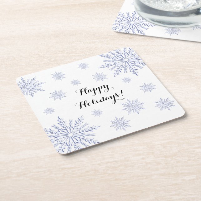 Blue and White Winter Snowflakes Happy Holidays Square Paper Coaster (Angled)