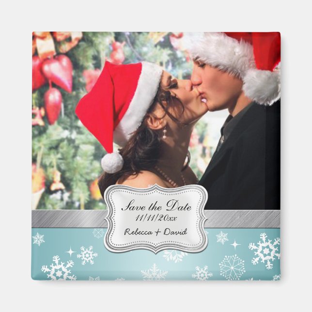 Blue and White Winter Snowflakes Save the Date Magnet (Front)