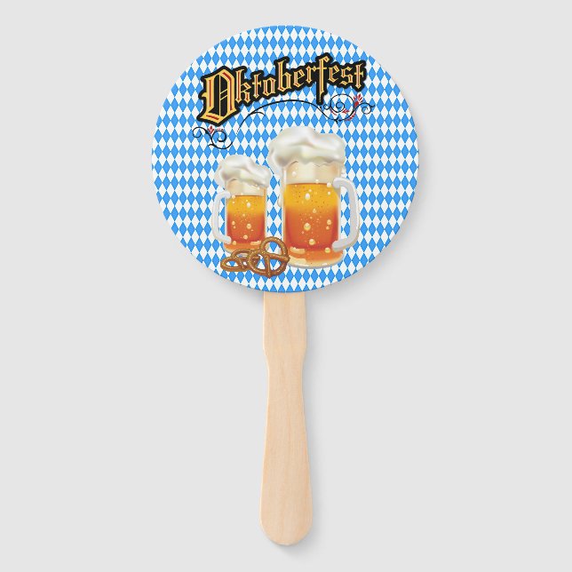 Blue and White with Beer Steins Oktoberfest  Hand Fan (Front)