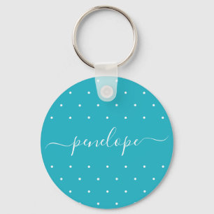 Blue and White with Dots and Name Typography Keychain