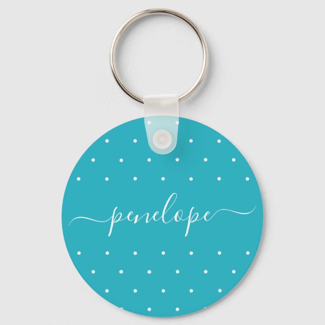 Blue and White with Dots and Name Typography Keychain (Front)
