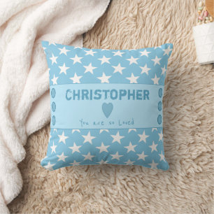 Blue and white with stars and name throw pillow