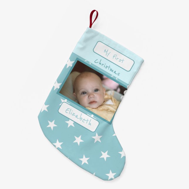 Blue and white with stars photo and name first small christmas stocking (Front (Hanging))