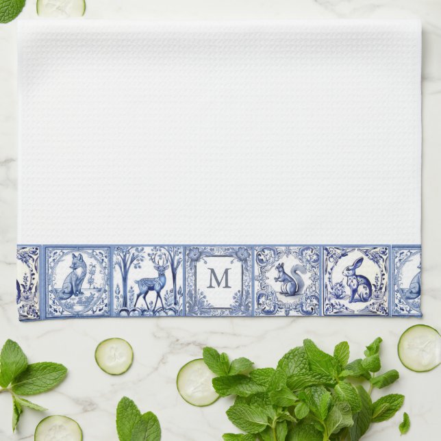 Blue and White Woodland Tiles Custom Monogram Kitchen Towel (Folded)