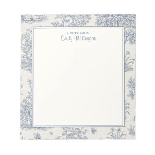 Blue and White Woodland Toile Pattern Personalized Notepad