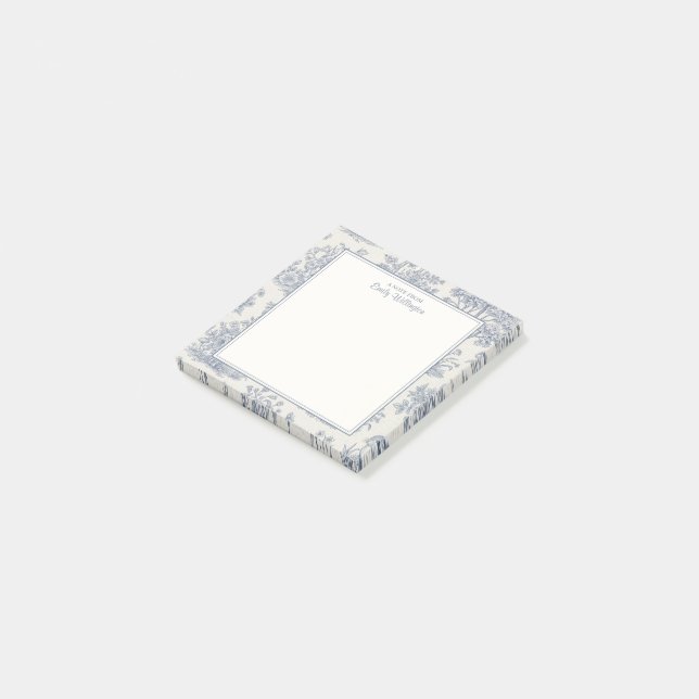 Blue and White Woodland Toile Pattern Personalized Post-it Notes (Angled)
