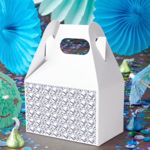 Blue and white wrapping paper featuring a graphic favor box