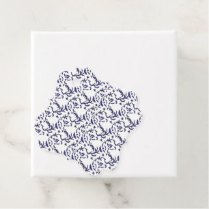 Blue and white wrapping paper featuring a graphic  favour tags
