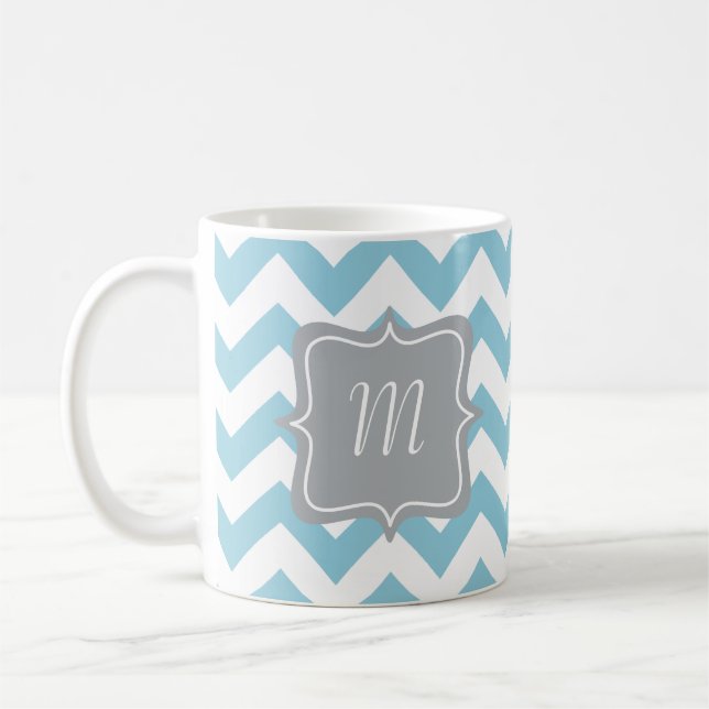 Blue and White Zigzag Monogram Coffee Mug (Left)