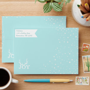 Blue and WhiteAqua Joy Deer Antler Merry Christmas Envelope