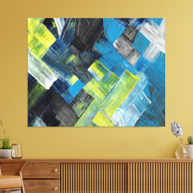 Blue and Yellow Abstract Brushstroke Geometric Canvas Print (Insitu(LivingRoom))