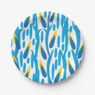 Blue and Yellow Abstract Leaves Elegant Chic Paper Plate
