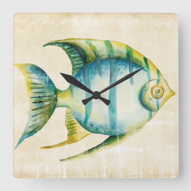 Blue and Yellow Aquarium Fish Square Wall Clock (Front)