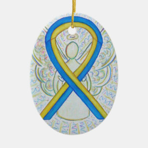Blue and Yellow Awareness Ribbon Angel Ornament