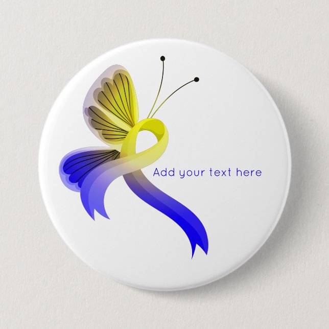 Blue and Yellow Awareness Ribbon Butterfly  3 Inch Round Button (Front)