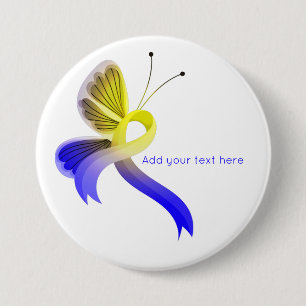 Blue and Yellow Awareness Ribbon Butterfly  3 Inch Round Button